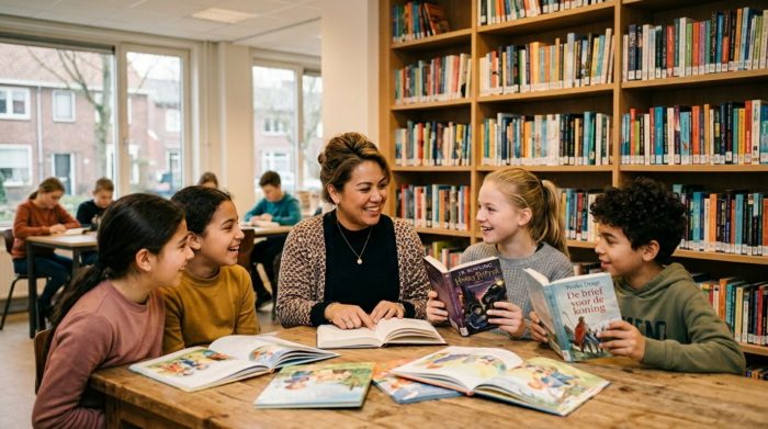 Vier kinderen bekijken samen met een vrouw Engelse en Nederlandse boeken in een schoolbibliotheek.