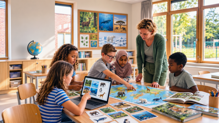Leerlingen en leerkracht werken samen aan een thematisch project over dieren en leefgebieden met digitaal lesmateriaal.