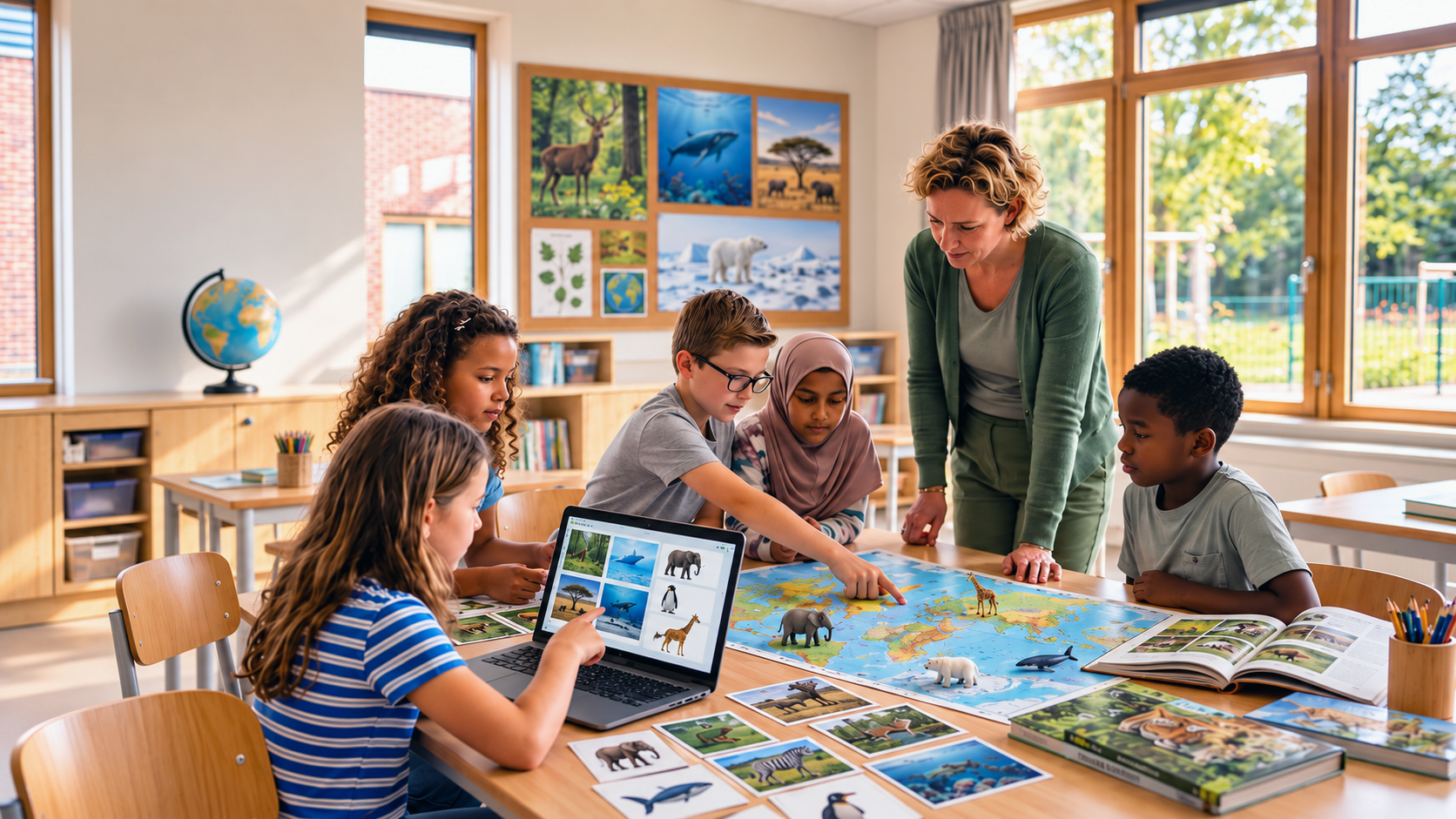 Leerlingen en leerkracht werken samen aan een thematisch project over dieren en leefgebieden met digitaal lesmateriaal.