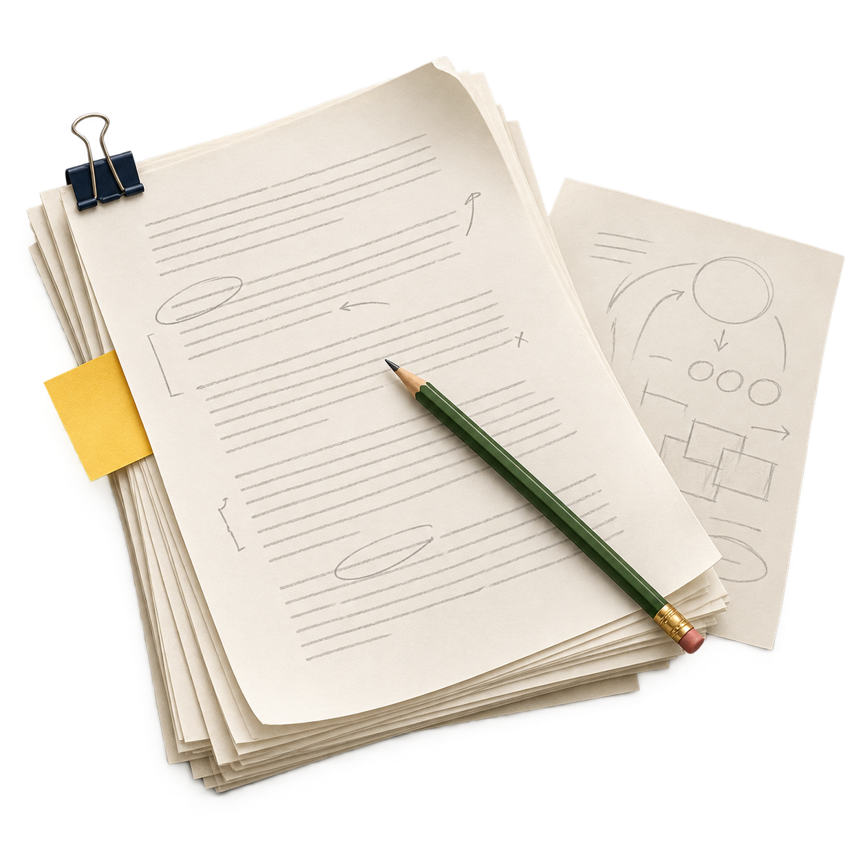 Manuscript met potlood en aantekeningen.
